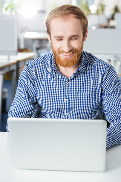 Empresário sorridente usando laptop trabalhando no escritório
 - Foto, Imagem