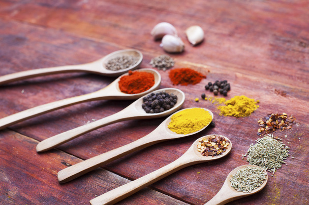 Wooden spoons full of herbs and spices - Photo, Image