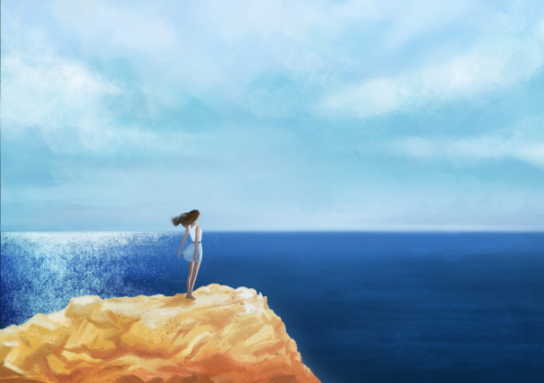 Dziewczyna siedzi na skale przez spokojne morze o zachodzie słońca. - Zdjęcie, obraz