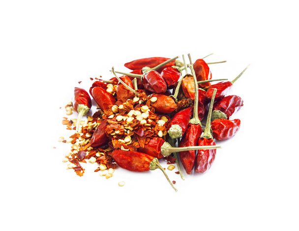 Sušené chilli papričky a vločky, samostatný - Fotografie, Obrázek