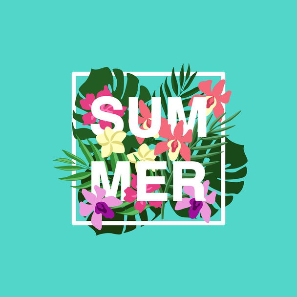 Summer illustration with tropical leaves - Вектор,изображение