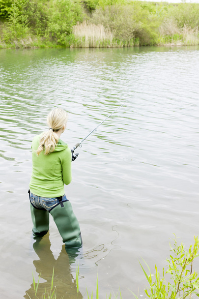 Woman fishing in pond - 写真・画像