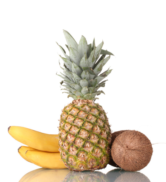 Сoconut, banana and pineapple isolated on white - Фото, зображення