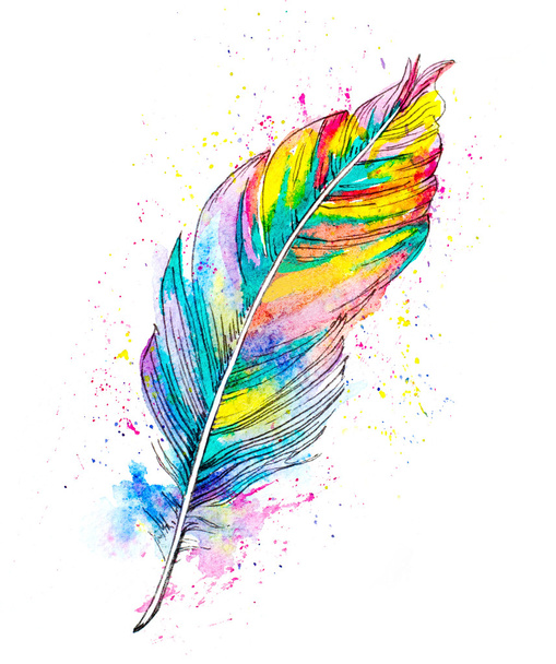 hand painted watercolor illustration of a feather and color spla - Photo, Image
