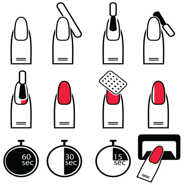 Gel and hybrid  nails preparation process, lacquer up, and protection process under uv and led lamp icon set in black and white and red - Vector, Image