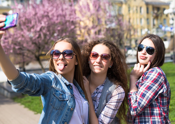 Young happy teenage girls making selfie and having fun in summer park - Foto, afbeelding