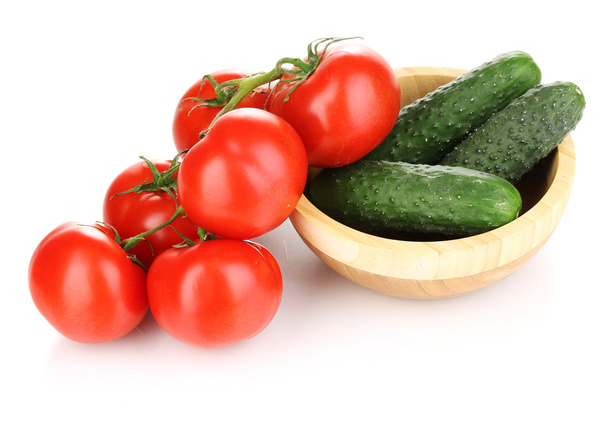 Tomatoes and cucumbers isolated on white - Fotoğraf, Görsel