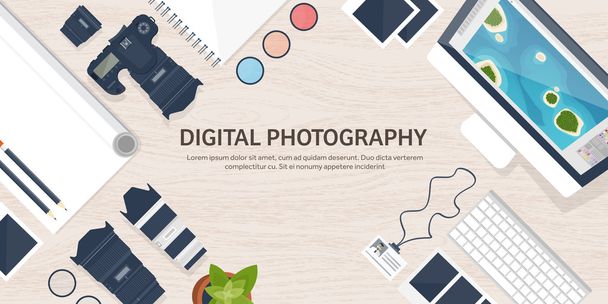 Photographer equipment on a table. Photography tools, photo editing, photoshooting flat background.  Digital photocamera with lens. Vector illustration. Wood. Wooden. - ベクター画像
