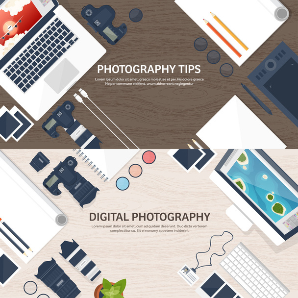 Photographer equipment on a table. Photography tools, photo editing, photoshooting flat background.  Digital photocamera with lens. Vector illustration. Wood. Wooden. - Wektor, obraz