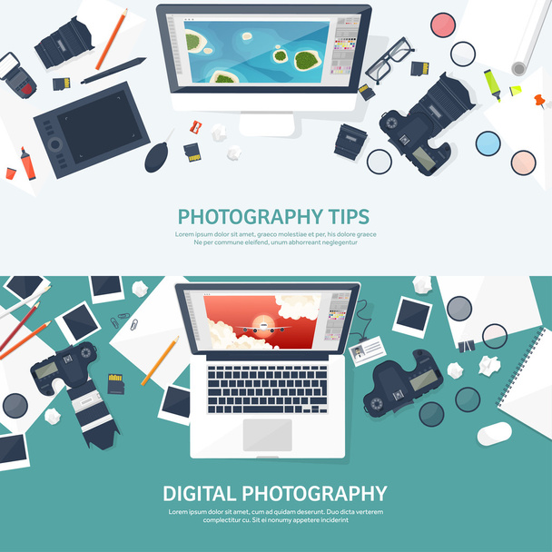 Photographer equipment on a table. Photography tools, photo editing, photoshooting flat background.  Digital photocamera with lens. Vector illustration. - Vector, Image