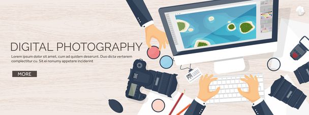 Photographer equipment on a table. Photography tools, photo editing, photoshooting flat background.  Digital photocamera with lens. Vector illustration. Wood. Wooden. - Vektor, kép