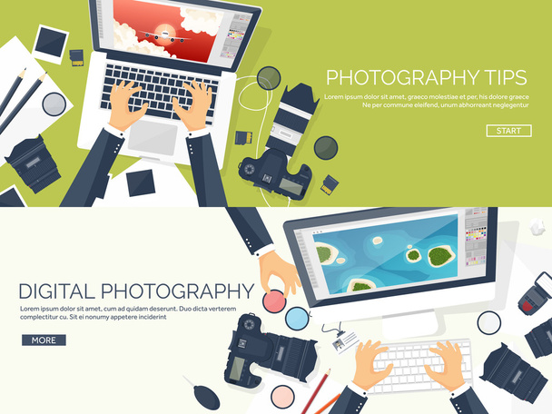 Photographer equipment on a table. Photography tools, photo editing, photoshooting flat background.  Digital photocamera with lens. Vector illustration. - Vector, Image