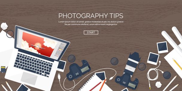 Photographer equipment on a table. Photography tools, photo editing, photoshooting flat background.  Digital photocamera with lens. Vector illustration. Wood. Wooden. - Wektor, obraz