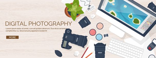 Photographer equipment on a table. Photography tools, photo editing, photoshooting flat background.  Digital photocamera with lens. Vector illustration. Wood. Wooden. - Vektör, Görsel