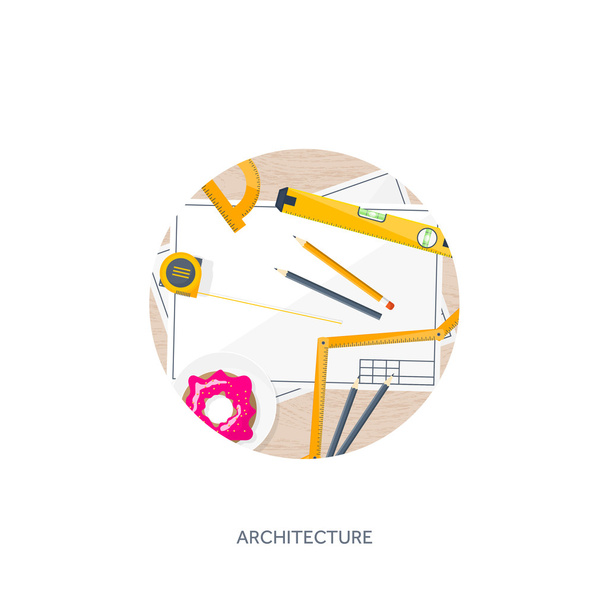Vector illustration. Engineering and architecture. Drawing, construction.  Architectural project. Design, sketching. Workspace with tools. Planning, building.  Wood, wooden. - Διάνυσμα, εικόνα