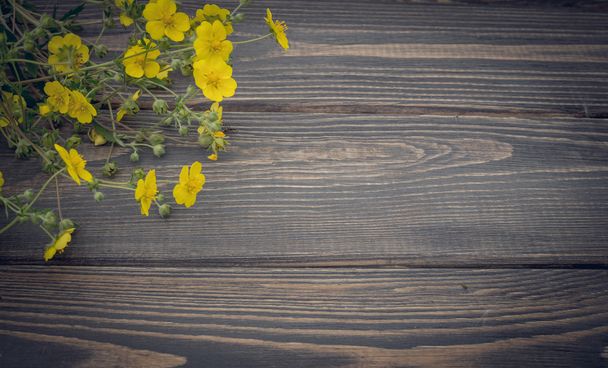 Fából készült háttér és sárga vadvirágok - Fotó, kép