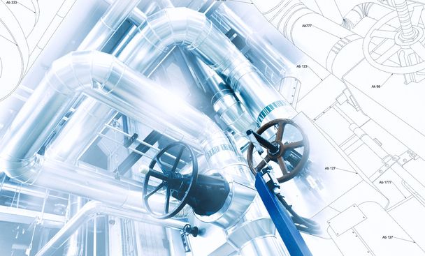 Desenho de projeto de tubulação misturado com foto de equipamento industrial
 - Foto, Imagem