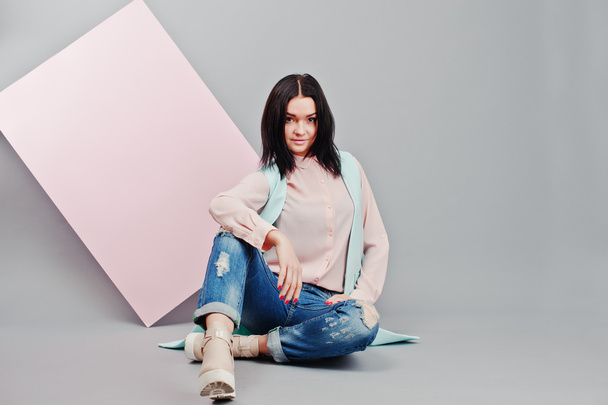 Full length studio portrait of young girl model at ripped jeans  - Φωτογραφία, εικόνα