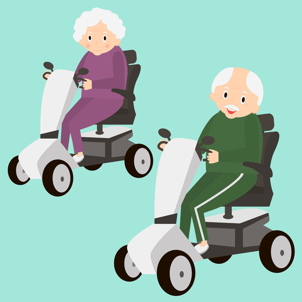 Senior Lady i człowiek na mobilność skuter. Starszych osób poruszających się na skuter. Przewóz osób w podeszłym wieku. Ilustracja wektorowa. - Wektor, obraz