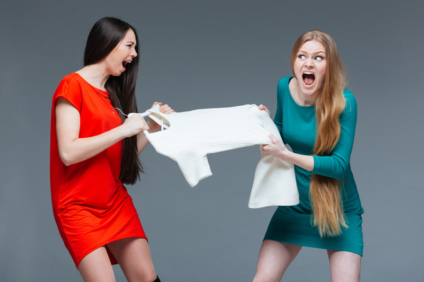 Two angry women quarreling and fighting for white dress  - Foto, Bild