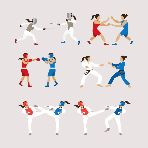 Fighting Sports Athletes, Women Set - Vector, Image