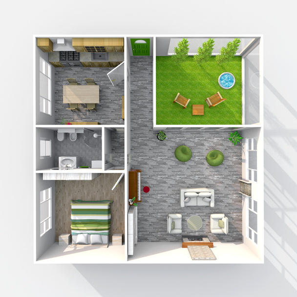 απόδοσης 3D εσωτερικό σχέδιο θέα επιπλωμένο σπίτι διαμέρισμα με πράσινο αίθριο - Φωτογραφία, εικόνα
