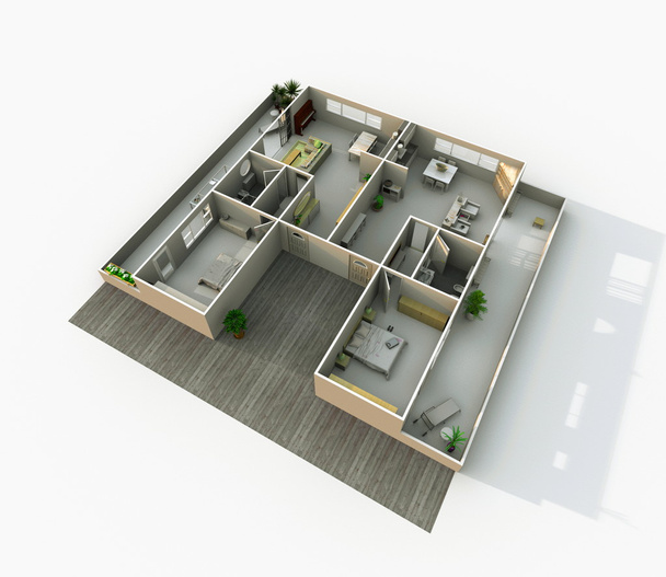 3D εσωτερικό καθιστώντας πλάγια θέα επιπλωμένο σπίτι διαμέρισμα - Φωτογραφία, εικόνα