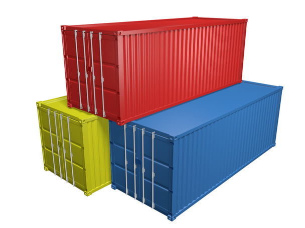 Recipientes de importação e exportação de transporte vermelho, amarelo e azul, renderização 3D
 - Foto, Imagem