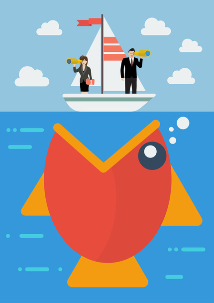 Big fish prepare to eat careless business people on the boat - Vector, Image