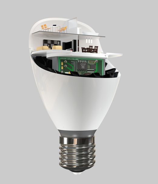 Elettrodomestici e mobili in una lampadina a LED. Ecologia concetto di vita
 - Foto, immagini