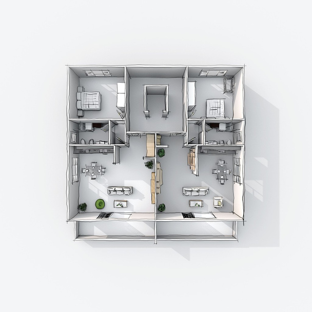 3D-Plan-Ansicht der Freihand-Skizze Zeichnung Illustration der möblierten Wohnung  - Foto, Bild