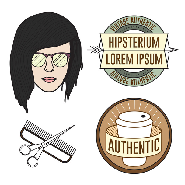 Hipster-Mädchengesicht mit Logos und Abzeichen - Vektor, Bild