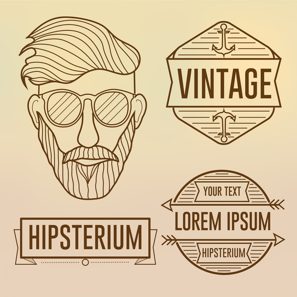 Lineaire Hipster gezicht en badges, banners op de achtergrond wazig - Vector, afbeelding