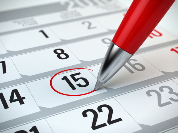 Konzept des wichtigen Tages, der Erinnerung, der Organisation von Zeit und Zeitplan - roter Stift markiert den Tag des Monats im Kalender - Foto, Bild