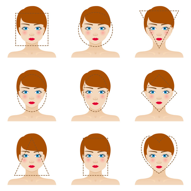 Different woman's face shapes set. Nine icons. Girls with blue eyes, red lips and brown hairs. Colorful vector illustration. - Vector, Image