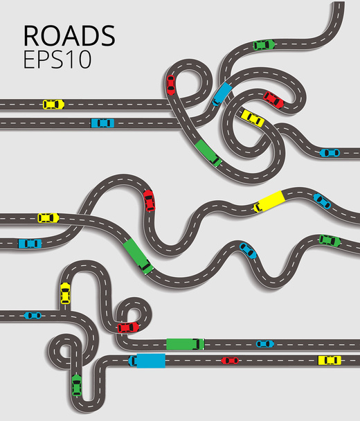 Silniční spojení na bílém pozadí. Špagety křižovatky silničního provozu s spletitý propletené silnice a barevné auta - Vektor, obrázek