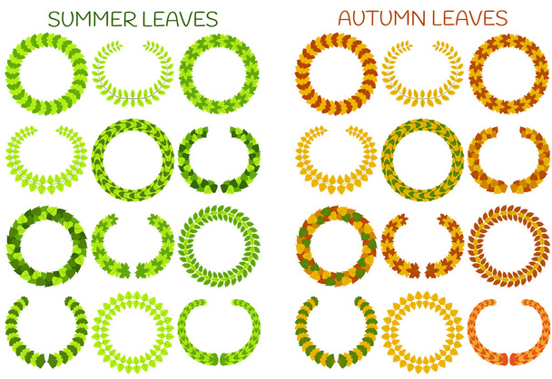 Foliate wreaths set.  Autumn and summer leaves. Vector illustration. - Vector, Imagen