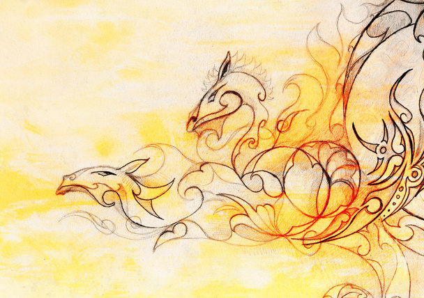 drawing of ornamental dragon on old paper background  and sepia color structure. - Photo, Image
