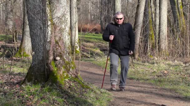 Hiker with walking sticks get pain in the leg - Footage, Video