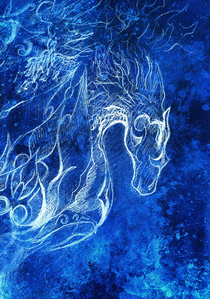 Dibujo de animal ornamental. collage de computadora y estructura de color azul. Efecto invierno
. - Foto, Imagen