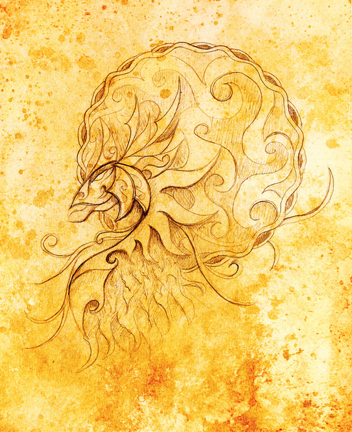 drawing of ornamental animal on old paper background  and sepia color structure. - Photo, Image
