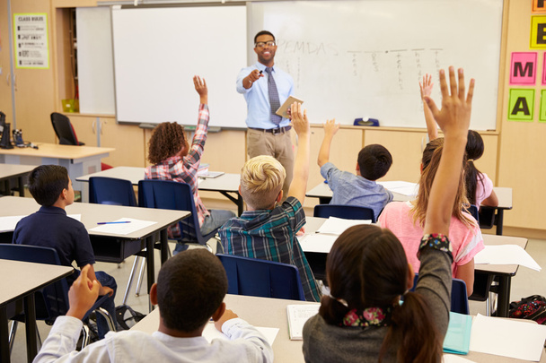 Kids raising hands to answer in lesson - Photo, Image
