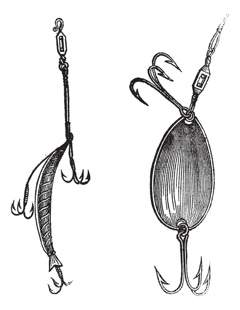 Iscas de pesca, Fig. 86. Plug, Fig. 87. Colher, gravura vintage
. - Vetor, Imagem