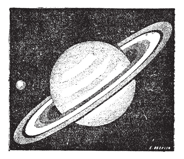 Porównanie rozmiarów Saturna i ziemi Grawerowanie vintage - Wektor, obraz