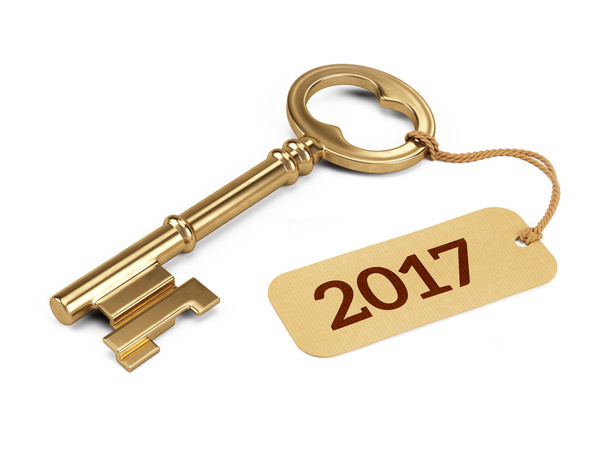 Zlatý klíč značkou roku 2017 izolované na bílém. 3D vykreslování - Fotografie, Obrázek