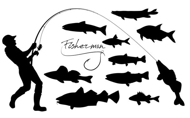horgász és a halak sziluettek - Vektor, kép