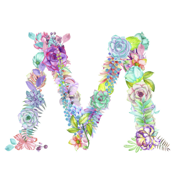 Letra mayúscula M de flores de acuarela, mano aislada dibujada sobre un fondo blanco, diseño de boda
 - Foto, Imagen