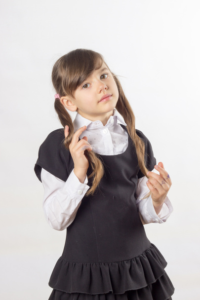 little girl, schoolgirl, two ponytail, school dress, white shirt - Фото, изображение