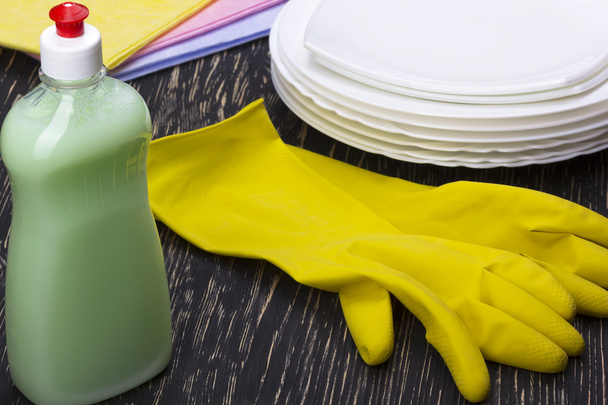 Detergentów, szmaty potraw i rękawice lateksowe - Zdjęcie, obraz