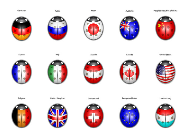 Serie di bandiere di paesi sotto forma di coccinelle
 - Vettoriali, immagini